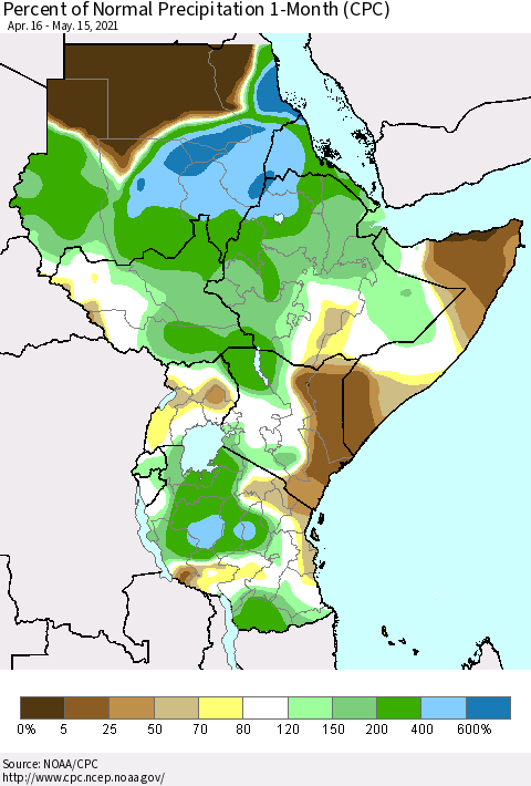 Eastern Africa Percent of Normal Precipitation 1-Month (CPC) Thematic Map For 4/16/2021 - 5/15/2021