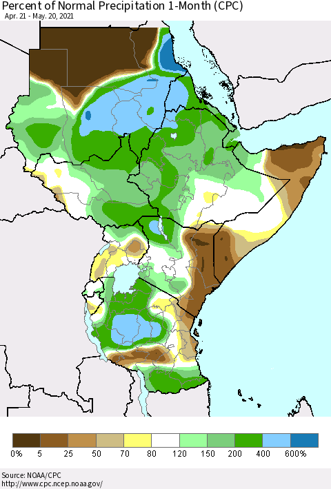 Eastern Africa Percent of Normal Precipitation 1-Month (CPC) Thematic Map For 4/21/2021 - 5/20/2021