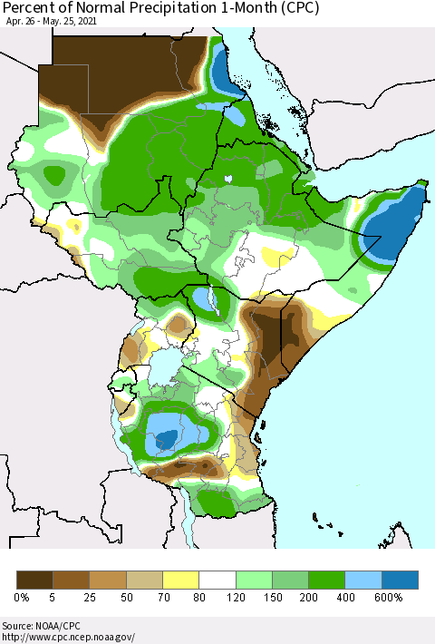 Eastern Africa Percent of Normal Precipitation 1-Month (CPC) Thematic Map For 4/26/2021 - 5/25/2021