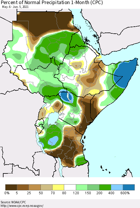 Eastern Africa Percent of Normal Precipitation 1-Month (CPC) Thematic Map For 5/6/2021 - 6/5/2021