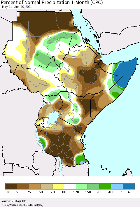 Eastern Africa Percent of Normal Precipitation 1-Month (CPC) Thematic Map For 5/11/2021 - 6/10/2021