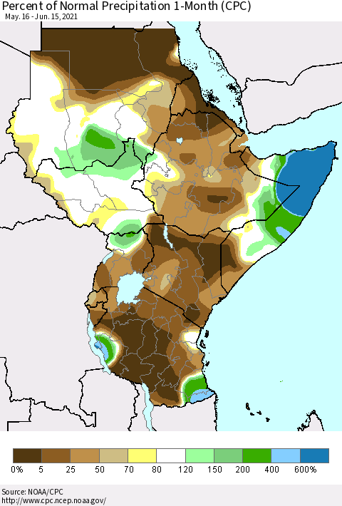 Eastern Africa Percent of Normal Precipitation 1-Month (CPC) Thematic Map For 5/16/2021 - 6/15/2021