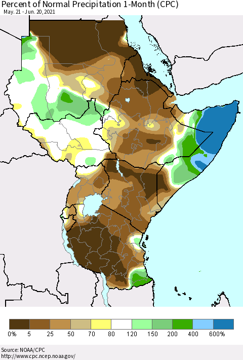 Eastern Africa Percent of Normal Precipitation 1-Month (CPC) Thematic Map For 5/21/2021 - 6/20/2021