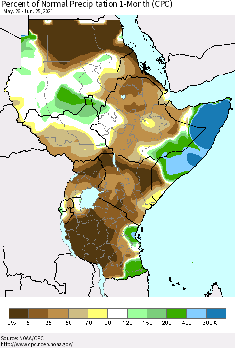 Eastern Africa Percent of Normal Precipitation 1-Month (CPC) Thematic Map For 5/26/2021 - 6/25/2021