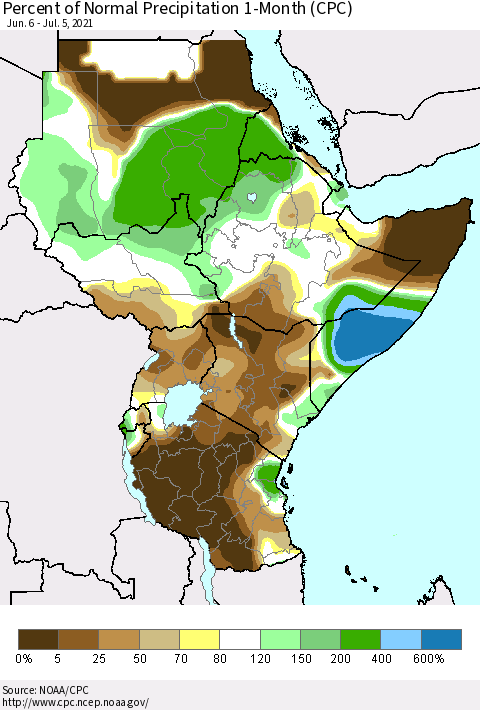 Eastern Africa Percent of Normal Precipitation 1-Month (CPC) Thematic Map For 6/6/2021 - 7/5/2021