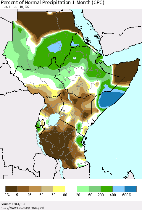 Eastern Africa Percent of Normal Precipitation 1-Month (CPC) Thematic Map For 6/11/2021 - 7/10/2021