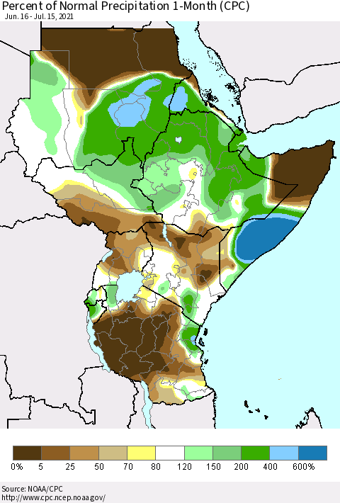 Eastern Africa Percent of Normal Precipitation 1-Month (CPC) Thematic Map For 6/16/2021 - 7/15/2021