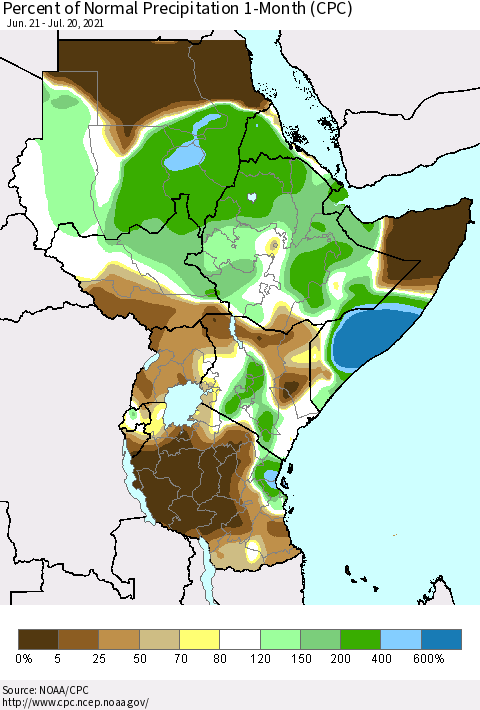 Eastern Africa Percent of Normal Precipitation 1-Month (CPC) Thematic Map For 6/21/2021 - 7/20/2021