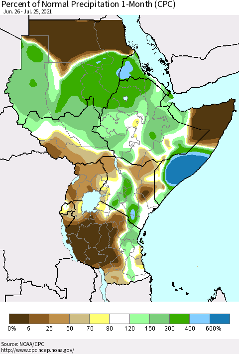 Eastern Africa Percent of Normal Precipitation 1-Month (CPC) Thematic Map For 6/26/2021 - 7/25/2021