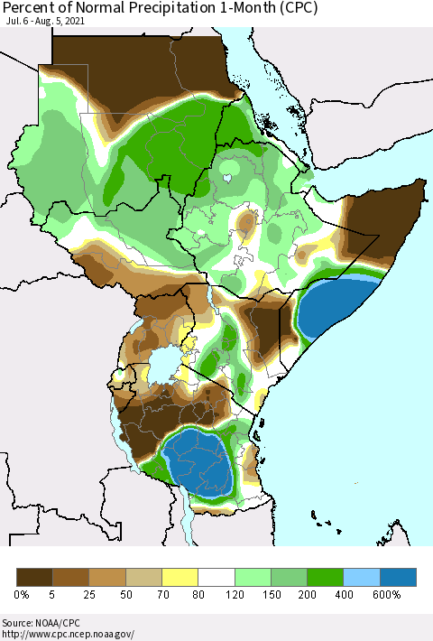 Eastern Africa Percent of Normal Precipitation 1-Month (CPC) Thematic Map For 7/6/2021 - 8/5/2021