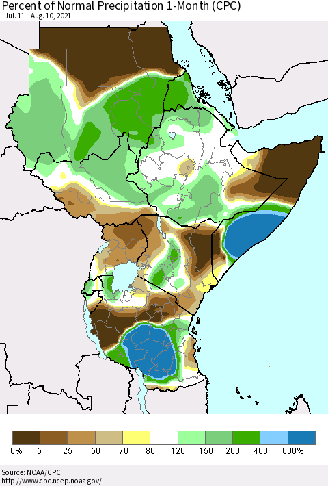 Eastern Africa Percent of Normal Precipitation 1-Month (CPC) Thematic Map For 7/11/2021 - 8/10/2021