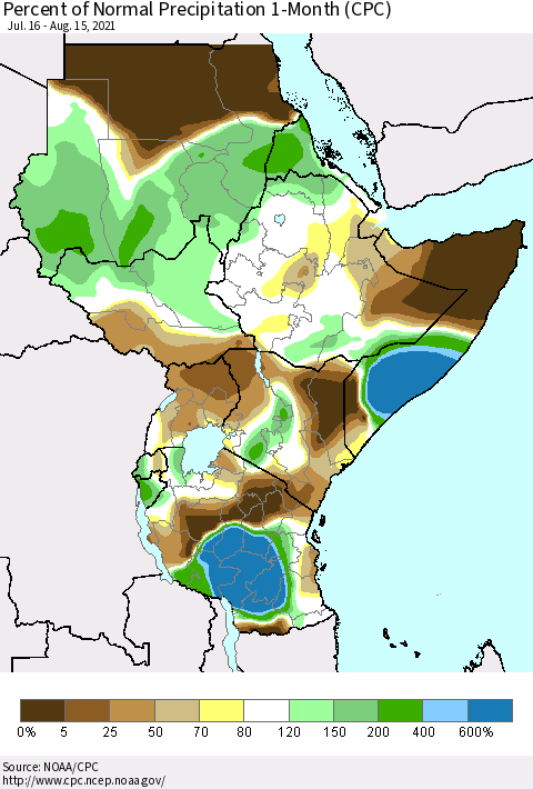 Eastern Africa Percent of Normal Precipitation 1-Month (CPC) Thematic Map For 7/16/2021 - 8/15/2021