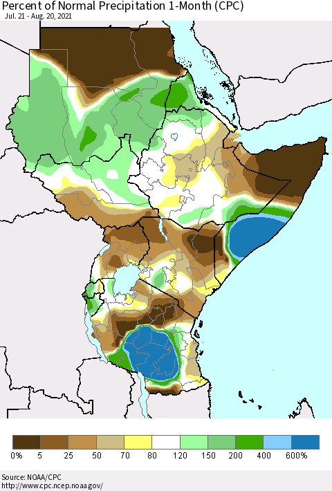 Eastern Africa Percent of Normal Precipitation 1-Month (CPC) Thematic Map For 7/21/2021 - 8/20/2021