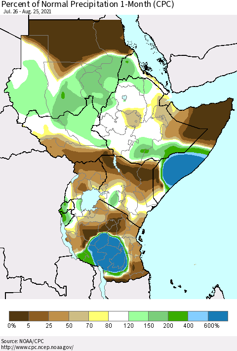 Eastern Africa Percent of Normal Precipitation 1-Month (CPC) Thematic Map For 7/26/2021 - 8/25/2021
