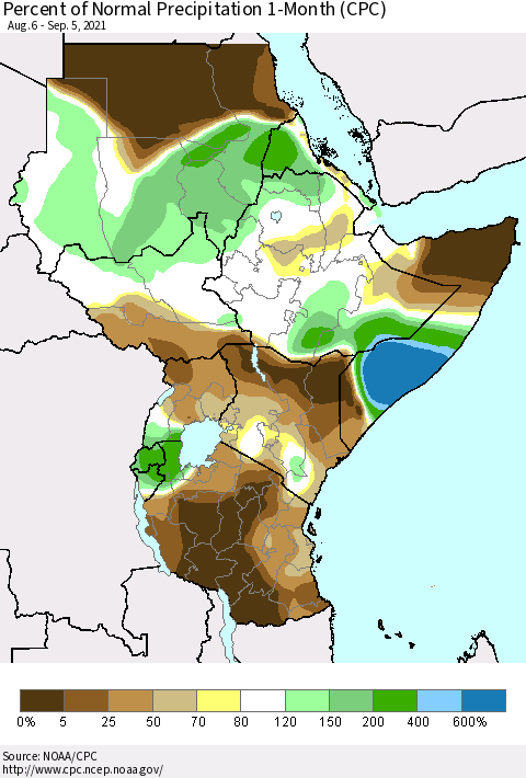 Eastern Africa Percent of Normal Precipitation 1-Month (CPC) Thematic Map For 8/6/2021 - 9/5/2021