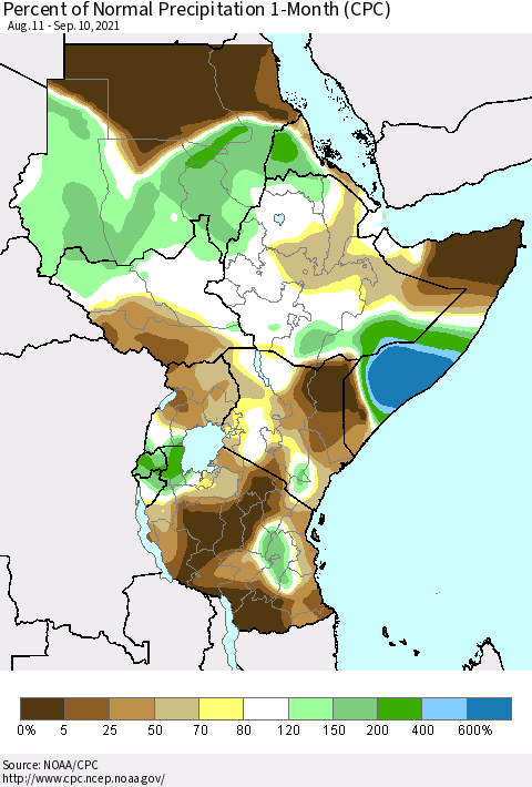 Eastern Africa Percent of Normal Precipitation 1-Month (CPC) Thematic Map For 8/11/2021 - 9/10/2021
