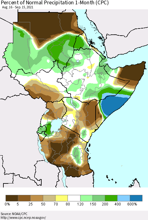 Eastern Africa Percent of Normal Precipitation 1-Month (CPC) Thematic Map For 8/16/2021 - 9/15/2021