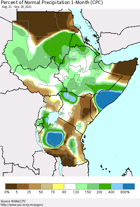 Eastern Africa Percent of Normal Precipitation 1-Month (CPC) Thematic Map For 8/21/2021 - 9/20/2021
