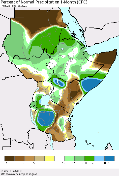 Eastern Africa Percent of Normal Precipitation 1-Month (CPC) Thematic Map For 8/26/2021 - 9/25/2021