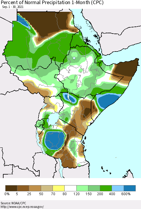 Eastern Africa Percent of Normal Precipitation 1-Month (CPC) Thematic Map For 9/1/2021 - 9/30/2021