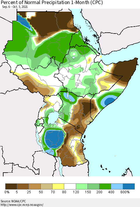 Eastern Africa Percent of Normal Precipitation 1-Month (CPC) Thematic Map For 9/6/2021 - 10/5/2021