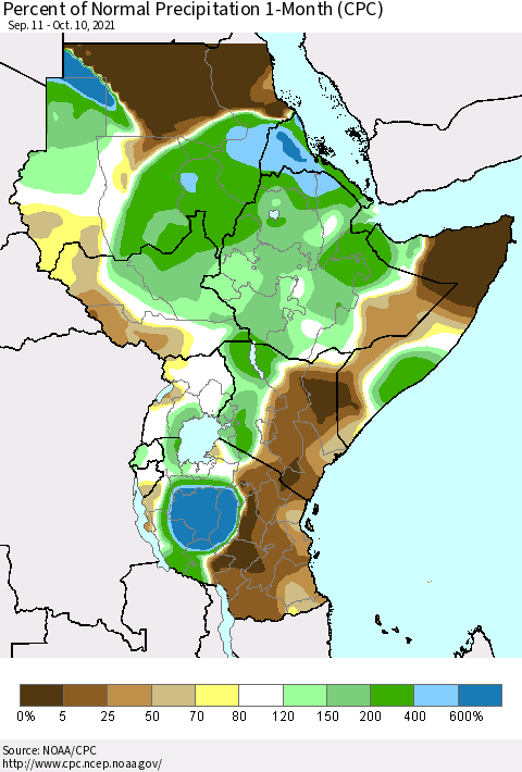 Eastern Africa Percent of Normal Precipitation 1-Month (CPC) Thematic Map For 9/11/2021 - 10/10/2021