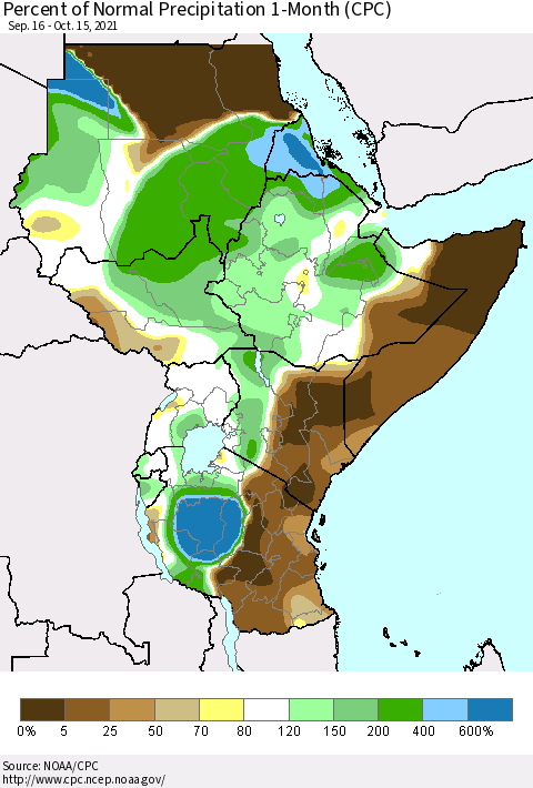 Eastern Africa Percent of Normal Precipitation 1-Month (CPC) Thematic Map For 9/16/2021 - 10/15/2021