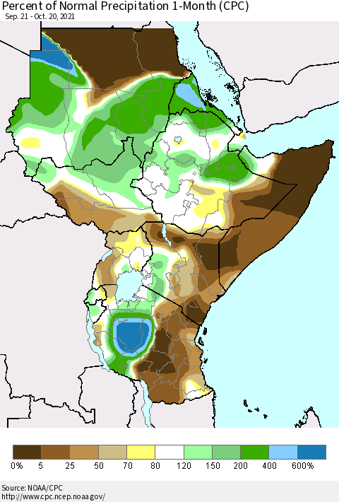 Eastern Africa Percent of Normal Precipitation 1-Month (CPC) Thematic Map For 9/21/2021 - 10/20/2021