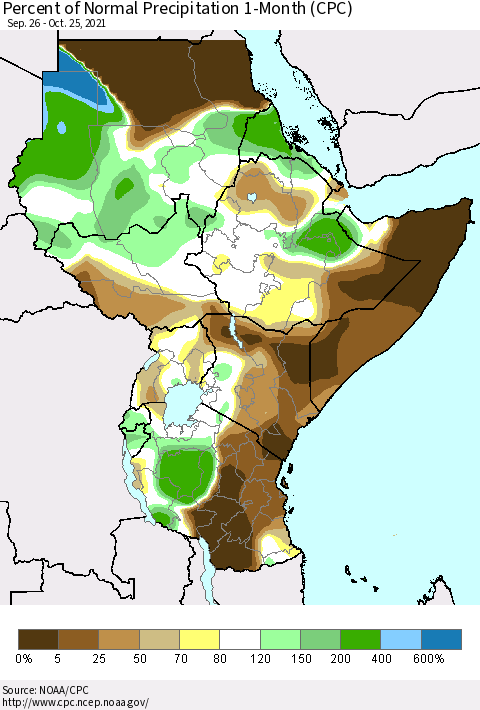Eastern Africa Percent of Normal Precipitation 1-Month (CPC) Thematic Map For 9/26/2021 - 10/25/2021