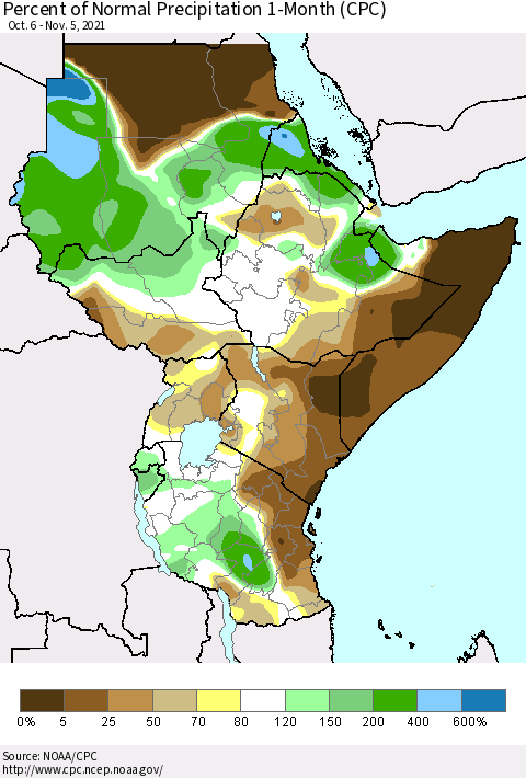 Eastern Africa Percent of Normal Precipitation 1-Month (CPC) Thematic Map For 10/6/2021 - 11/5/2021