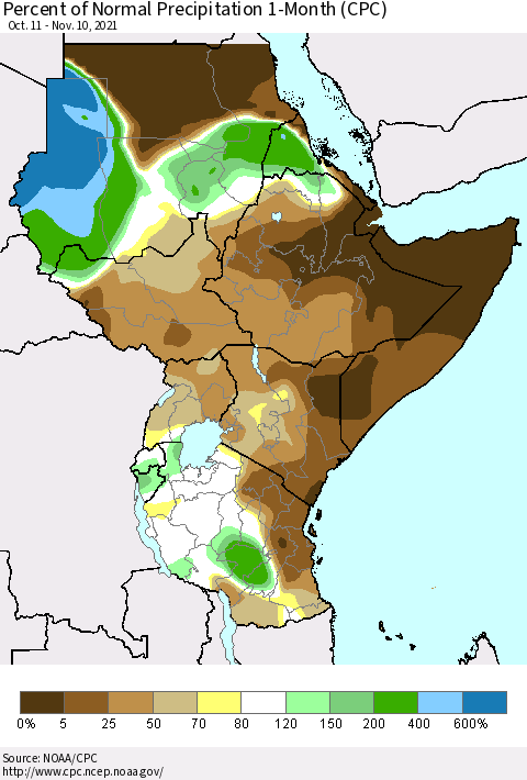 Eastern Africa Percent of Normal Precipitation 1-Month (CPC) Thematic Map For 10/11/2021 - 11/10/2021