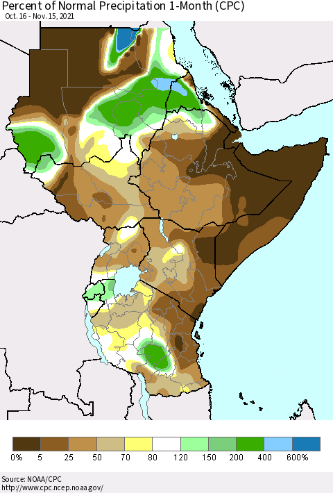 Eastern Africa Percent of Normal Precipitation 1-Month (CPC) Thematic Map For 10/16/2021 - 11/15/2021