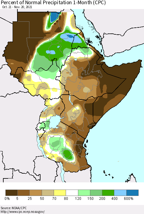 Eastern Africa Percent of Normal Precipitation 1-Month (CPC) Thematic Map For 10/21/2021 - 11/20/2021