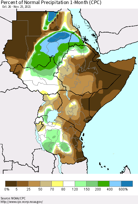 Eastern Africa Percent of Normal Precipitation 1-Month (CPC) Thematic Map For 10/26/2021 - 11/25/2021