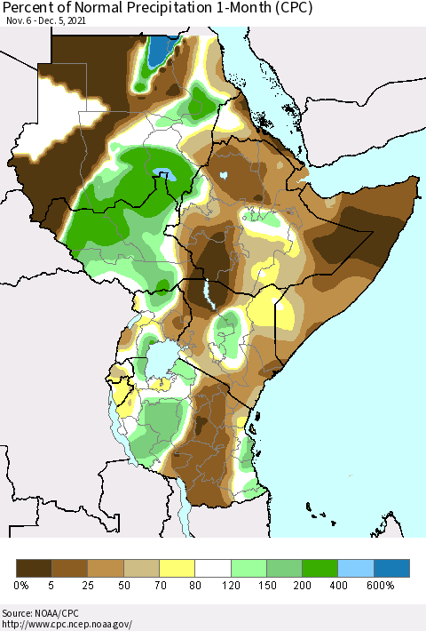 Eastern Africa Percent of Normal Precipitation 1-Month (CPC) Thematic Map For 11/6/2021 - 12/5/2021