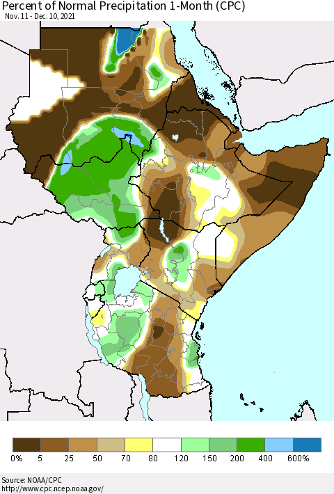 Eastern Africa Percent of Normal Precipitation 1-Month (CPC) Thematic Map For 11/11/2021 - 12/10/2021