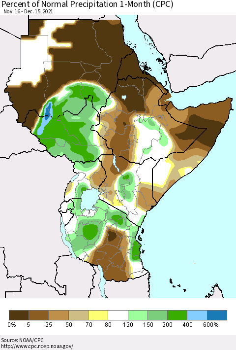 Eastern Africa Percent of Normal Precipitation 1-Month (CPC) Thematic Map For 11/16/2021 - 12/15/2021