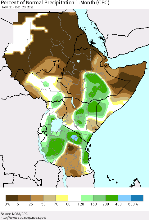 Eastern Africa Percent of Normal Precipitation 1-Month (CPC) Thematic Map For 11/21/2021 - 12/20/2021