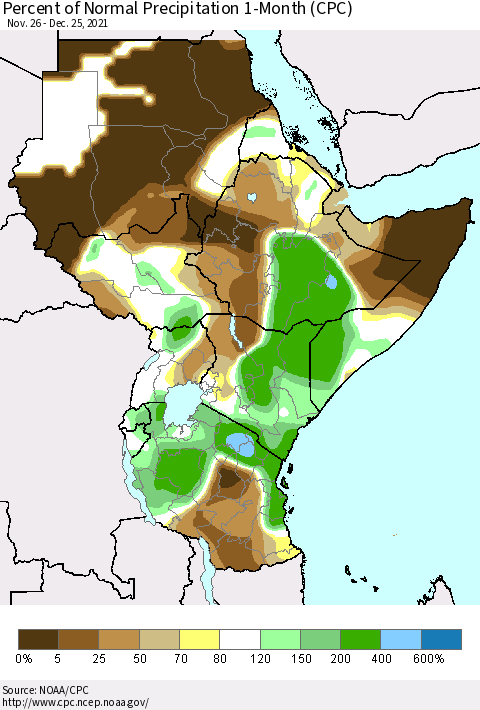 Eastern Africa Percent of Normal Precipitation 1-Month (CPC) Thematic Map For 11/26/2021 - 12/25/2021