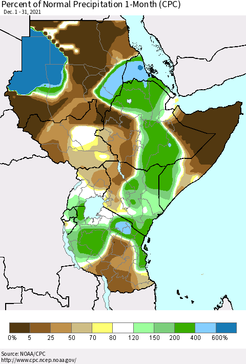 Eastern Africa Percent of Normal Precipitation 1-Month (CPC) Thematic Map For 12/1/2021 - 12/31/2021
