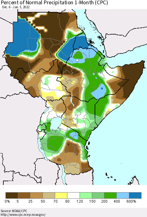 Eastern Africa Percent of Normal Precipitation 1-Month (CPC) Thematic Map For 12/6/2021 - 1/5/2022