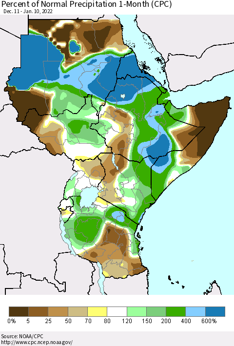 Eastern Africa Percent of Normal Precipitation 1-Month (CPC) Thematic Map For 12/11/2021 - 1/10/2022