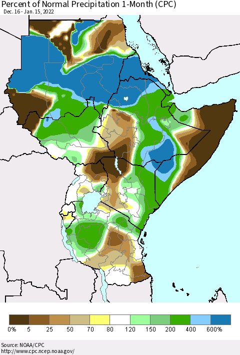 Eastern Africa Percent of Normal Precipitation 1-Month (CPC) Thematic Map For 12/16/2021 - 1/15/2022