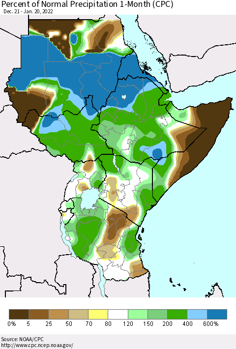 Eastern Africa Percent of Normal Precipitation 1-Month (CPC) Thematic Map For 12/21/2021 - 1/20/2022