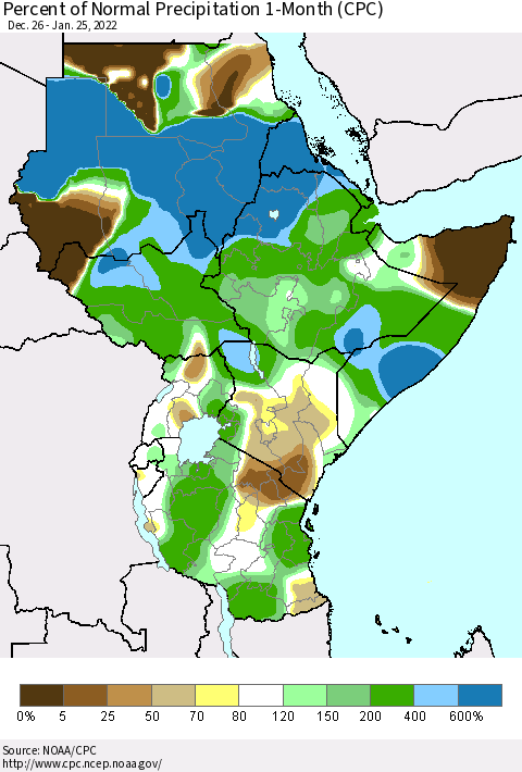 Eastern Africa Percent of Normal Precipitation 1-Month (CPC) Thematic Map For 12/26/2021 - 1/25/2022