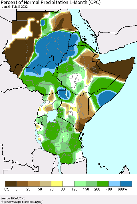 Eastern Africa Percent of Normal Precipitation 1-Month (CPC) Thematic Map For 1/6/2022 - 2/5/2022