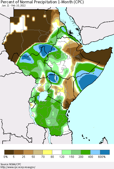 Eastern Africa Percent of Normal Precipitation 1-Month (CPC) Thematic Map For 1/11/2022 - 2/10/2022