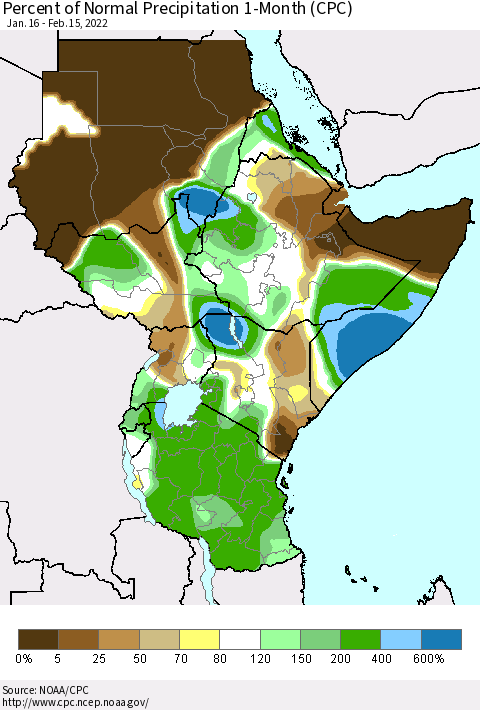 Eastern Africa Percent of Normal Precipitation 1-Month (CPC) Thematic Map For 1/16/2022 - 2/15/2022