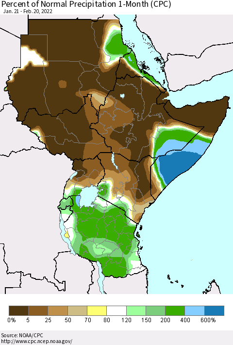 Eastern Africa Percent of Normal Precipitation 1-Month (CPC) Thematic Map For 1/21/2022 - 2/20/2022