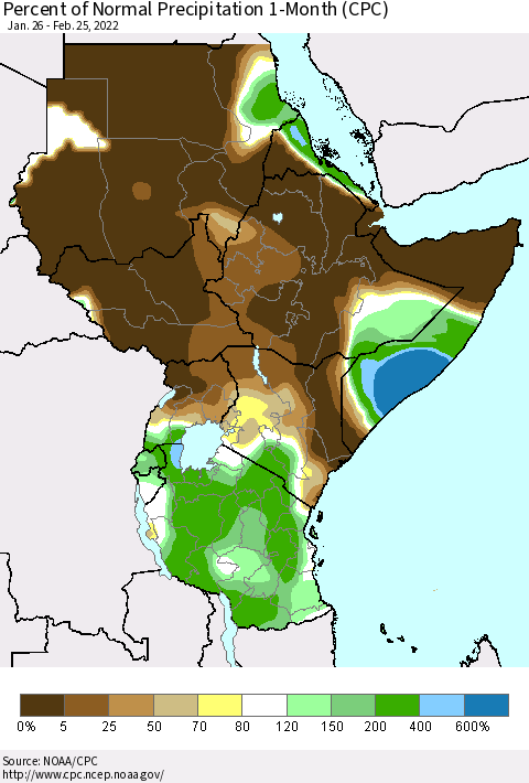 Eastern Africa Percent of Normal Precipitation 1-Month (CPC) Thematic Map For 1/26/2022 - 2/25/2022